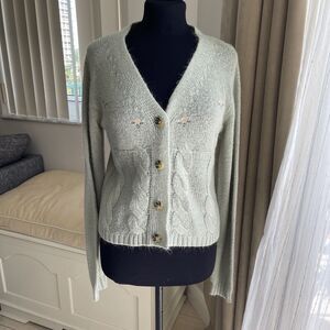 Vylette Sage Green Cable Knit Embroidered Cardigan V Neck M